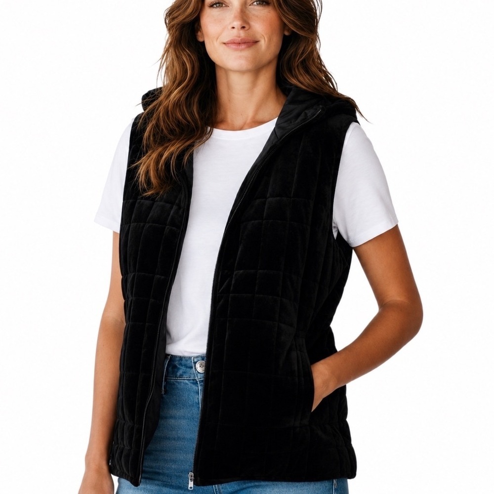 Ralph Lauren Womens 2XL Velvet Vest Reversible Quilted Black Pockets Mockneck